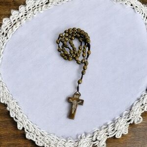 Catholic Wood Rosary Brown Beaded INRI Crucifix Prayer Necklace 17" Handmade